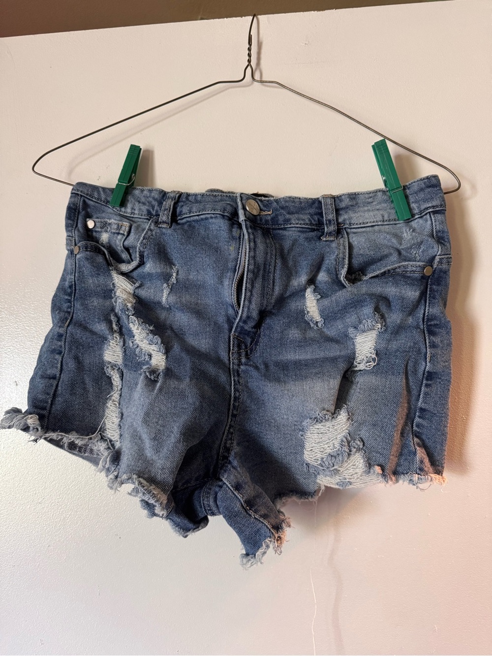 Distressed High-Waist Denim Shorts - Blue